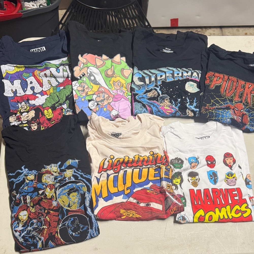 Lot of 7 Graphic Tee Bundle - Marvel, Superman, Cars, Super Mario